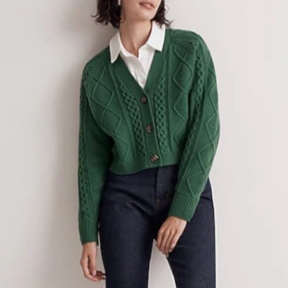 Madewell Cable-Knit Cropped Cardigan in Varsity Green - Picture 2 of 9